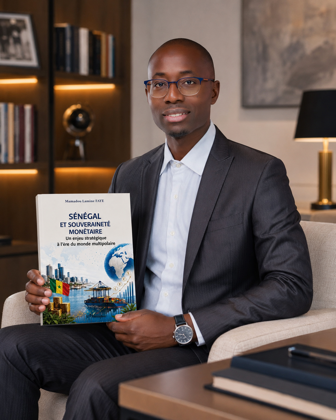 Mamadou Lamine Faye tenant son livre Sénégal et souveraineté monétaire